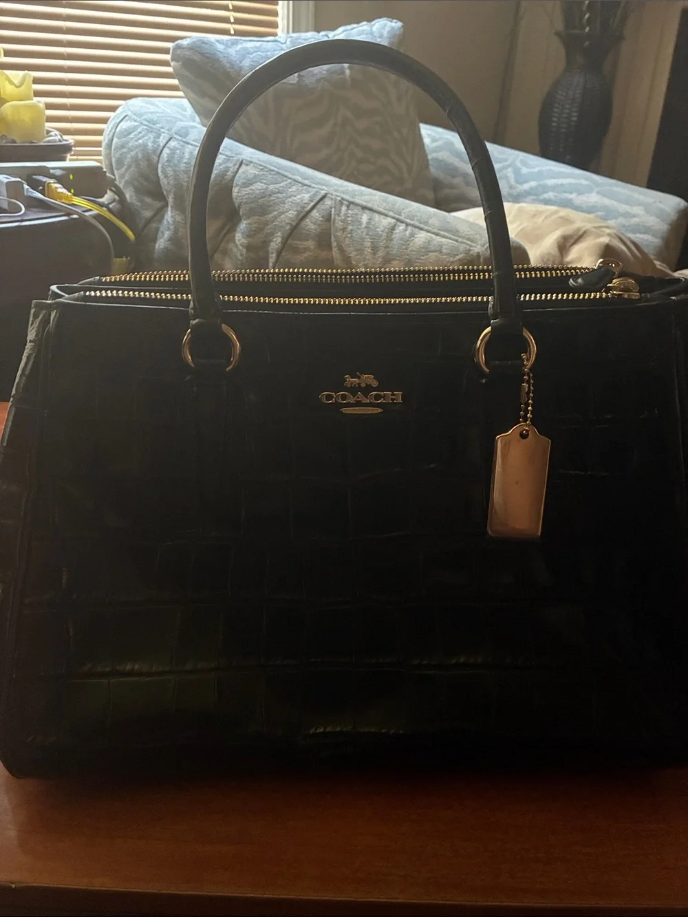 Coach Black Croc-Embossed Satchel with Gold Hardware